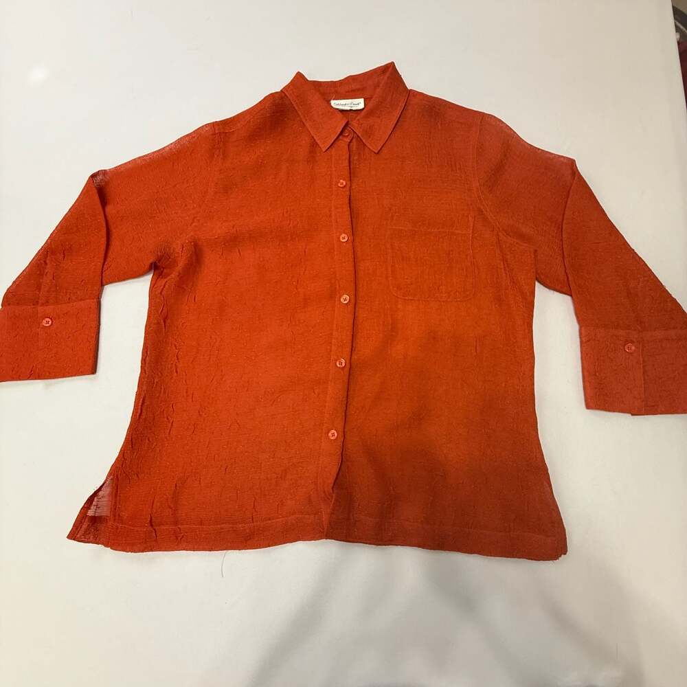 Coldwater Creek Burnt Orange Textured Gauze Button Down Shirt 3/4 Sleeve